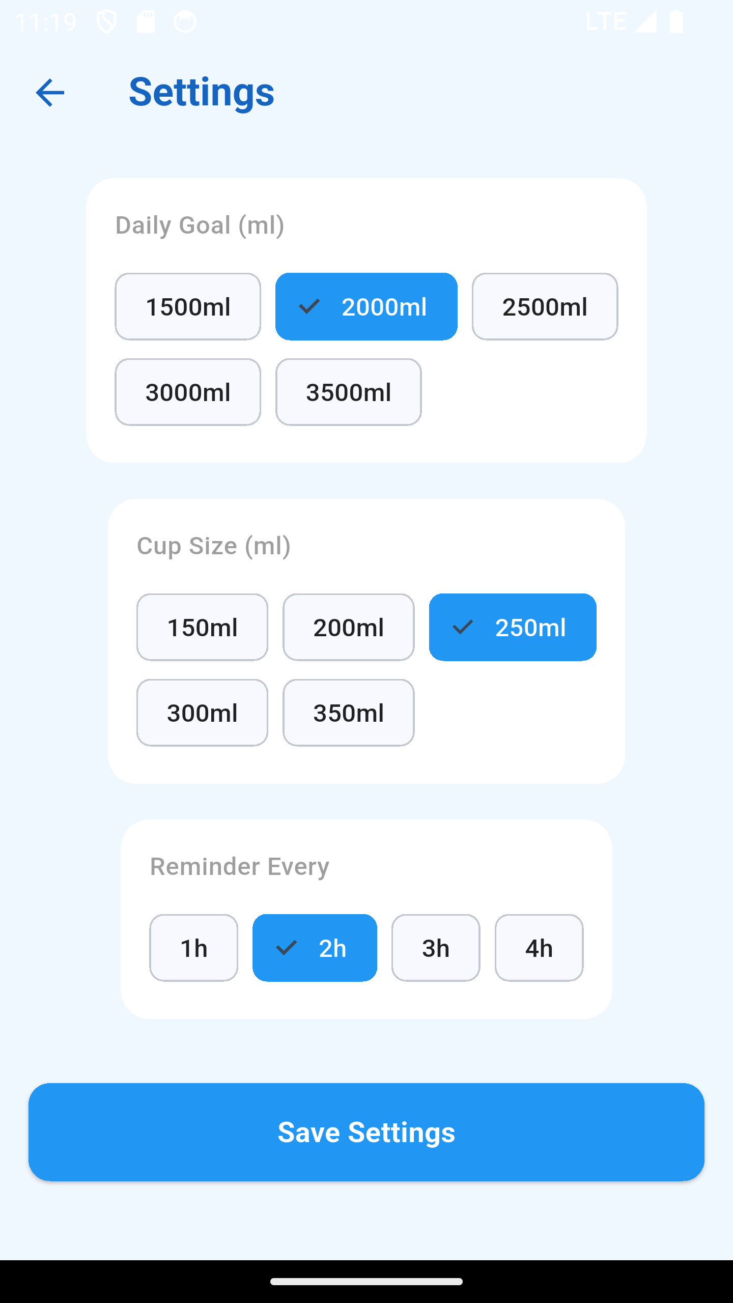 Water Reminder settings